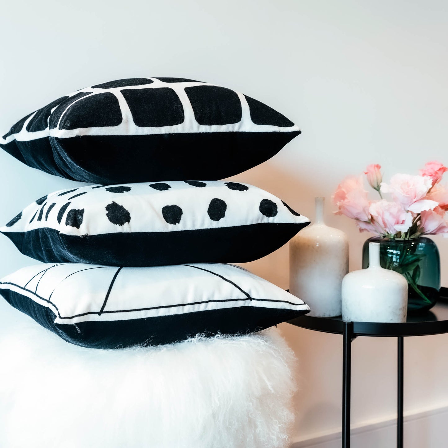 Monochrome Dots/Geo Lines/Blocks | Velvet Cushions (Pair)