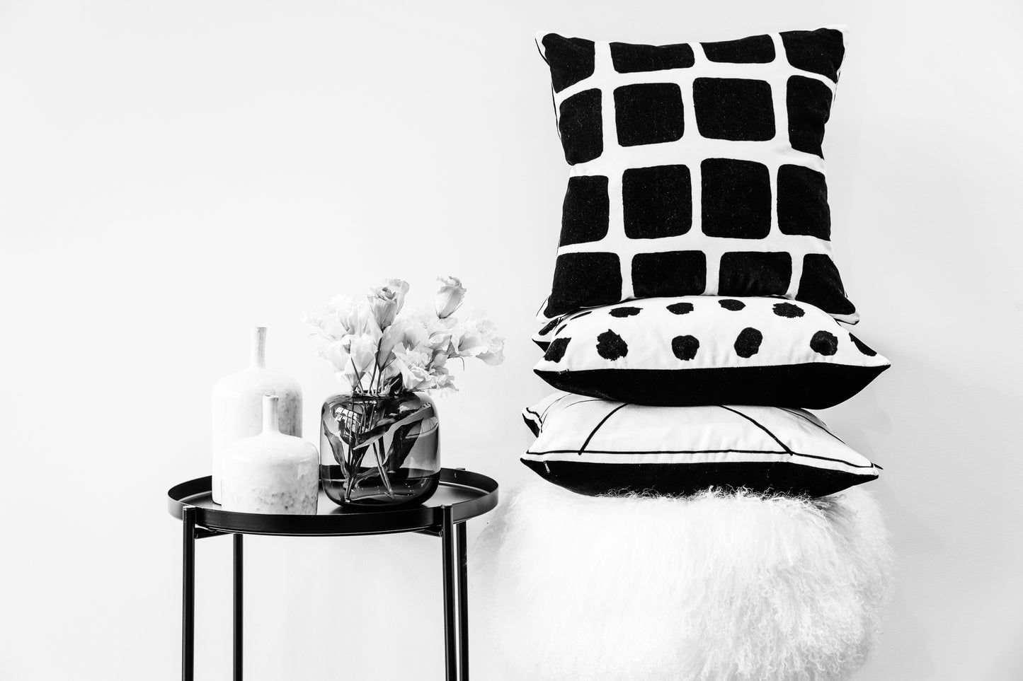 Monochrome Dots/Geo Lines/Blocks | Velvet Cushions (Pair)